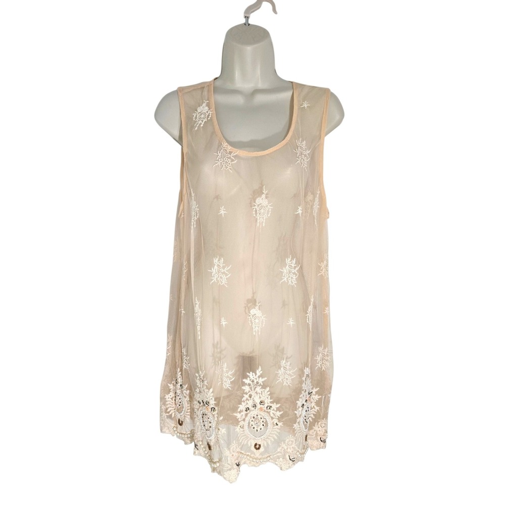 NWT Sheer Peach Mesh Tunic Top Embroidered Lace Pearl Beaded Boho Sleeveless